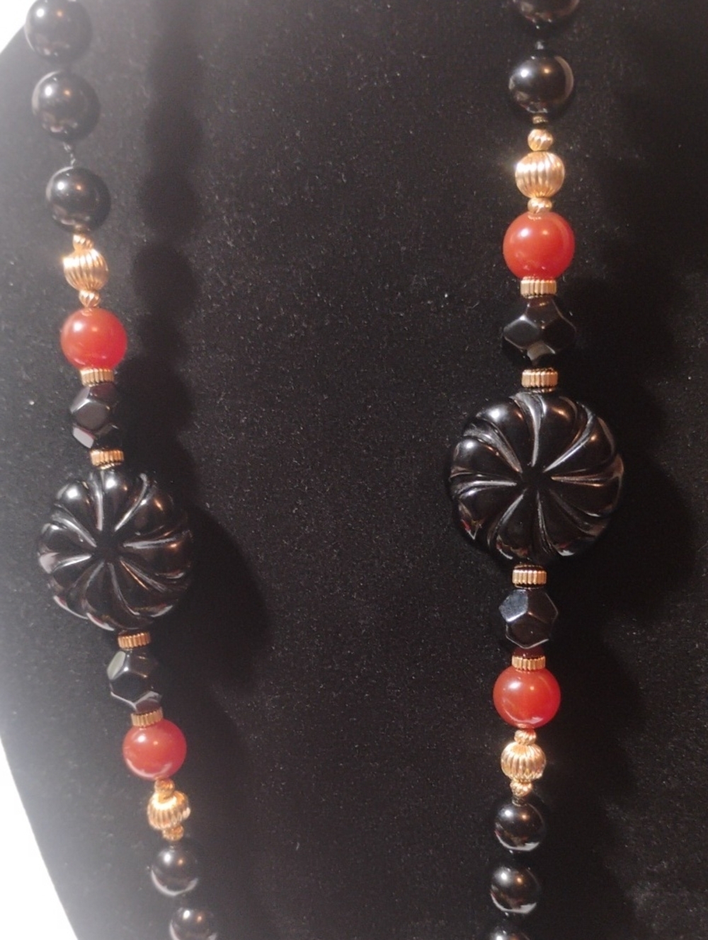 Black Onyx Gold & Carnelian Beaded Vintage Necklace 38" Total length - Picture 6 of 6
